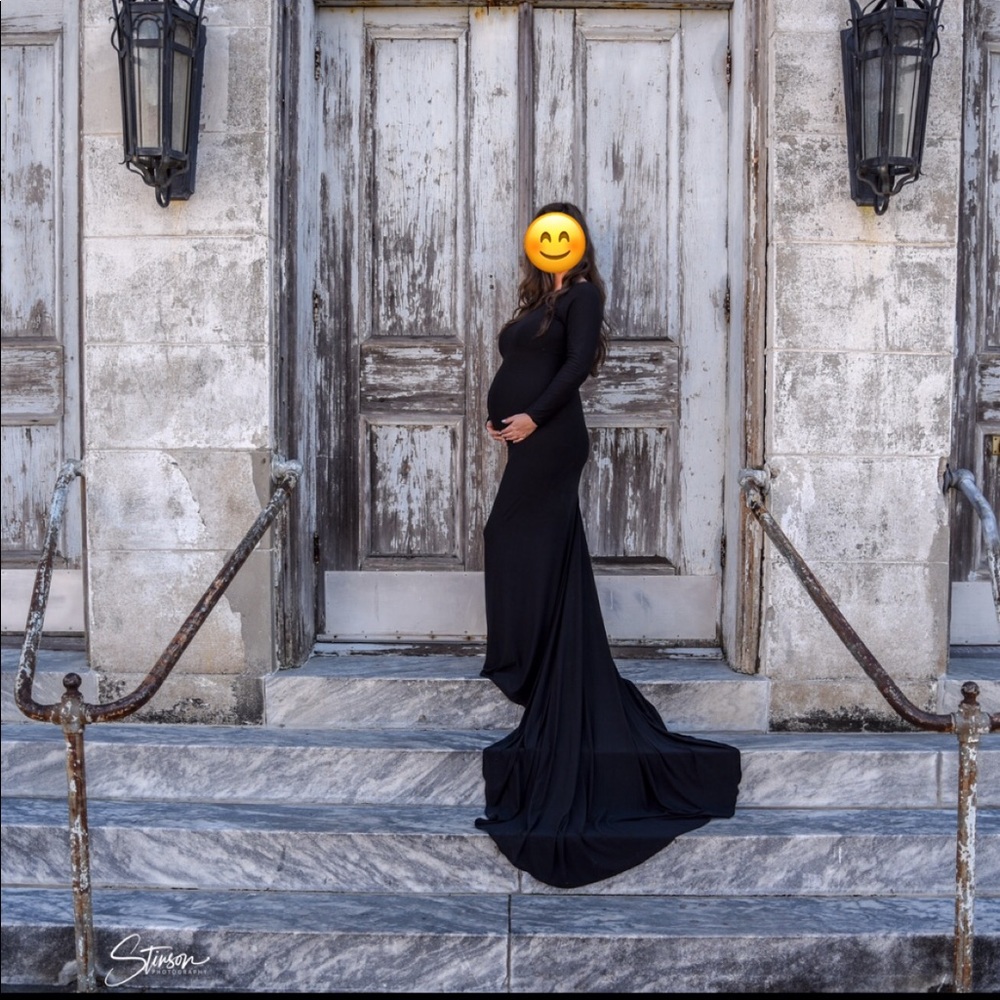 Black long sleeve dress w/ train